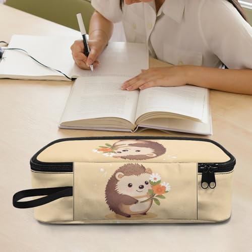 Image of Hedgehog Flower Girls Pencil Pouch Large Capacity,Pencil Case for Kids Cute Pencil Box for 3-15 Years Children Boys Pencil Bag with Mesh Pocket Pencil Container Coin Purse Handbag