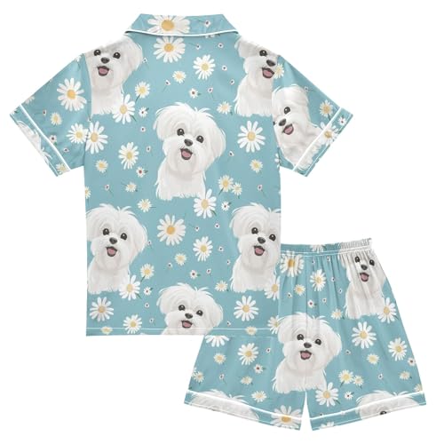 White Maltese Dogs Pattern Summer Satin Pajama Set, Cute Button-Down Sleepwear Pj Set for Sleep Wears2