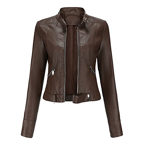 YFFUSHI Veste en Cuir Faux pour Femme à Col Montant Courte et à Manches Longues avec Fermeture Éclair - Style Moto Biker Café XL