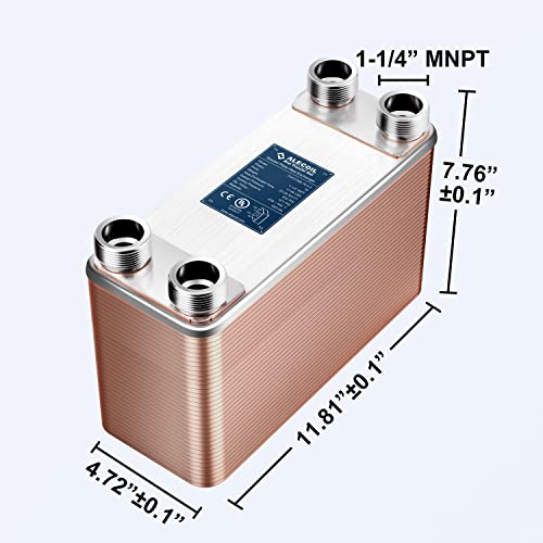 Alecoil 5\"x12\" 70 Plates Heat Exchanger with 1-1/4\" MPT Port Water to Water 316L Stainless Steel Brazed Plate Heat Exchanger for Water Heating, Floor Heating, Commercial and Industrial Refrigeration