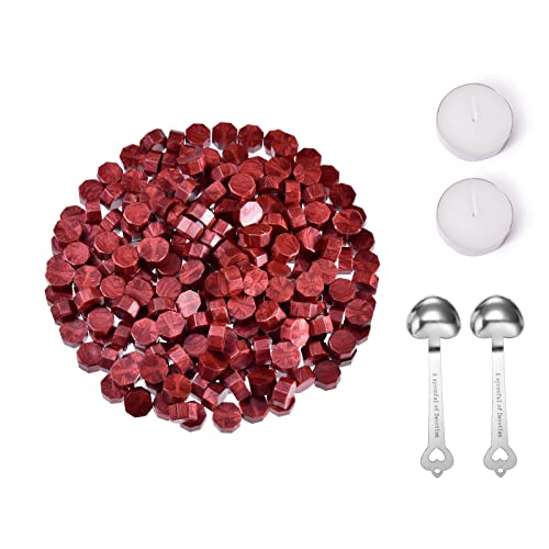 Veganes Siegelwachs Perlen 300 Stück, Wachs Siegel Achteckige Siegelwachsperlen mit 2 Teelichtern 2 Schmelzlöffel, Umschlägen, für Hochzeitseinladungen, Karten, Briefe Rot Cover