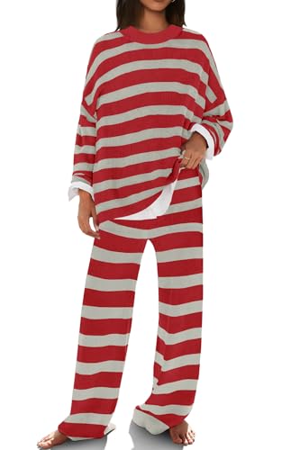 Image of SENSERISE Womens Striped Set Sweater Lounge Sets | Pajamas Set, Loungewear Set, Oversized Knit Sweater, Wide Leg Pants with Pockets, Fall Outfits, Pants Set