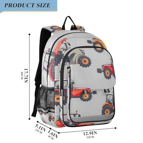 Cute Cartoon Tractor Grey Backpack for Kids, Front Flap School Bag, 17 Inch Durable Backpack for Boys, Age 6-122