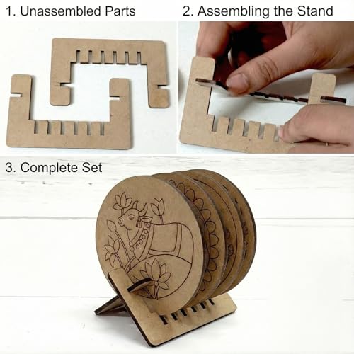 Image of ImagiVibe 3-in-1 Premium Coaster Painting Kit for Kids & Adults | DIY Mandala, Madhubani & Pichwai Art | 6 Pre-Marked Wooden 4 Inch MDF Coasters with Stand | Creative Art & Craft Activity | Gift (Acrylic Paint)
