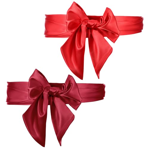Red Bow Belt for Women, 2PCS Wedding Satin Sash Belt Self Tie Ribbon Bow Tie for Dress, Weddings, Parties, 3.74'' Wide Folding Bowties Accessory, Double-Sided Polyester (Red, Wine Red)