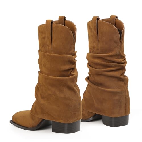 Cowboy Boots for Women Cowgirl Boots Mid Calf Square Toe Fold Over Chunky Heel Slouchy Suede Boots3