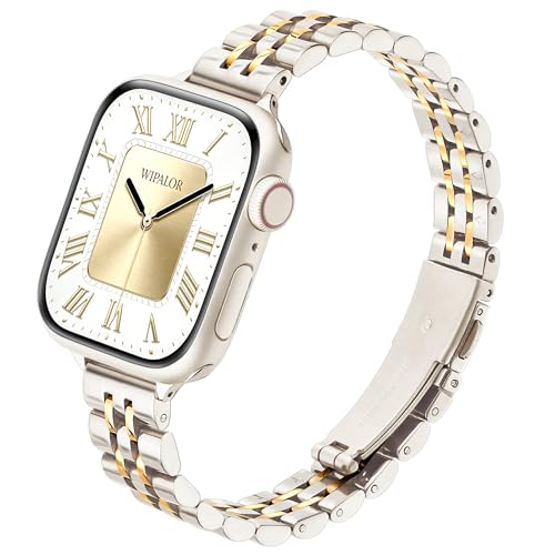 Image of Wipalor Thin Classic Metal Chain Band Fit Slim Apple Watch Bands for women 42mm 44mm 45mm 49mm, Dressy Designer Stainless Steel iWatch Bands for iPhone Watch Series 10 9 SE 8 7 6 5 4 Ultra-Starlight /Gold