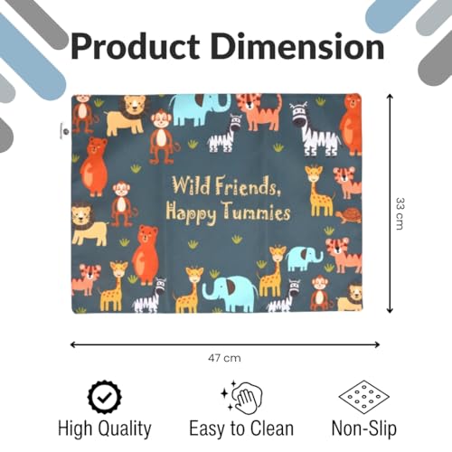 Image of Kids ClothTable Mats Set of 2 - Wild Animal Jungle Safari Theme,Digital Print, Washable, Indoor /Outdoor, Heat-Proof, Water Resistant, Wipe & Clean (47X33 cm) Forest Green