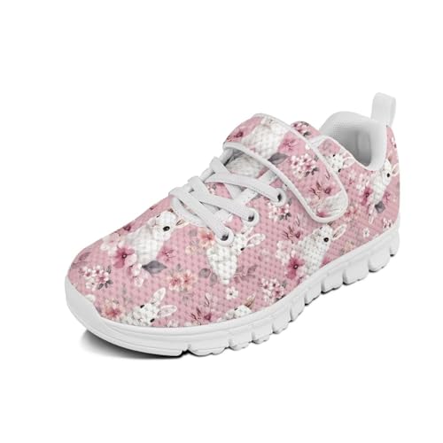 Easter Rabbit Flowers Pattern Little Kid Tennis Shoes Slip On Boys Girls Sneakers Casual Running Shoes Woven Breathable with Soft Soled Sports Hook-Loop Outdoor Shoes（White Sole）