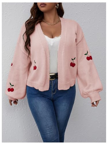 MakeMeChic Women's Plus Size Embroidery Cardigan Open Front Lantern Sleeve Cardigan Sweater Drop Shoulder Crop Cute Outerwear4