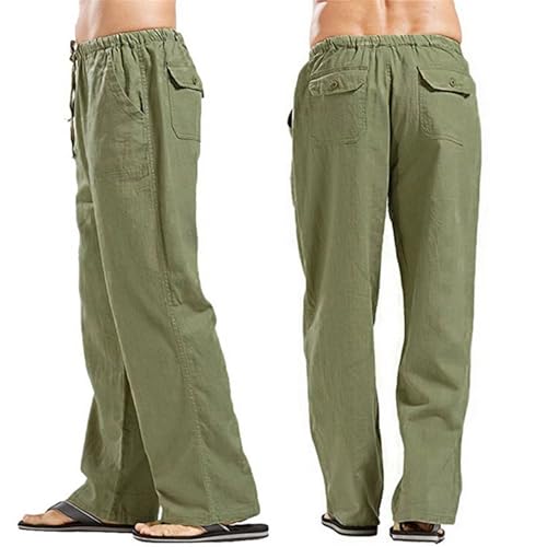 Men's Cotton Linen Straight Leg Cargo Pants Elastic Waist Streetwear Sweatpants4