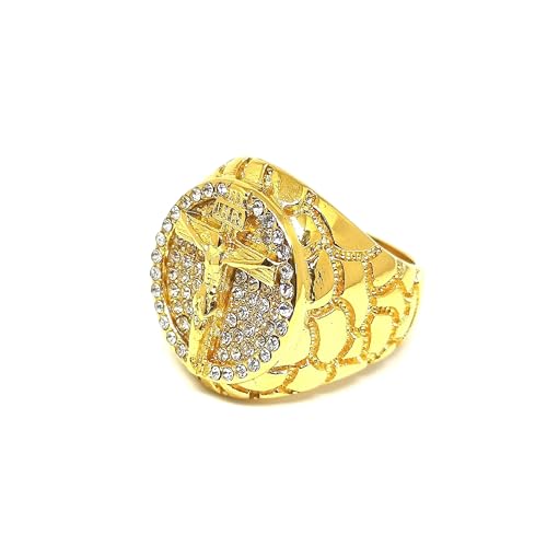Fanshu Stainless Steel Jesus Cross Iced Out Gold Plated Religious Statement Ring with Cubic Zirconia Stones for Men Women Friends Gift Fashion Hip Hop Jewelry