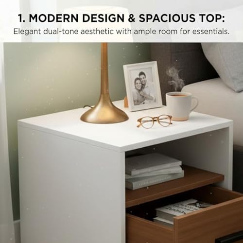 Image of FFO Side Tables for Bedroom with Drawers | Bed Side Table for Bedroom with Drawer, Wooden Bedside Drawer with Open Shelf, Modern Side Table for Bed Room, White Walnut Finish, DIY