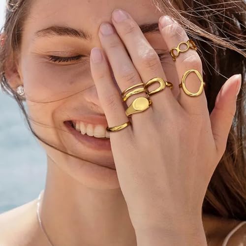 XSDSLS 16 Stück Gold Ringe für Damen Chunky Rings Klobige Ringe Knuckle Offene Verstellbarer Ring Stapelbare Fingerring Gold Chunky Dome Dicke Offene Rings Set Stapel für Frauen
