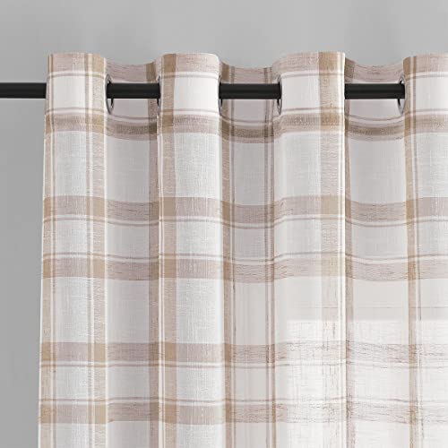 Kotile Buffalo Checked Curtains 84 Inch Length - Faux Linen Textured Farmhouse Plaid Sheer Curtains For Living Room, Privacy Grommet Window Gingham Curtain Panels, 52 X 84 Inch, 2 Panels, Taupe #TOP13