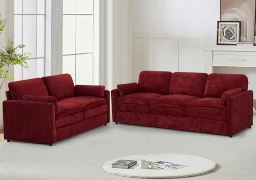Lesofair 2 Pieces Chenille Sofa Set with Soft Pillows, Red