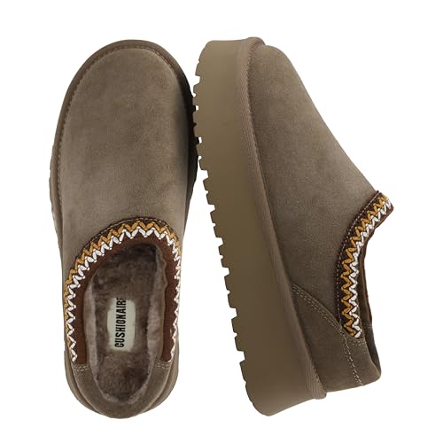 Image of CUSHIONAIRE Kabuki Platform Boots Genuine Suede Fuzzy Mule Slippers for Women with Memory Foam | Indoor /Outdoor Womens Slippers | Wide Widths Available