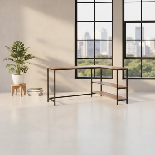 Image of Amazon Brand - Solimo L-Shaped Study Table for Students & Adults | Corner Computer Desk for Home & Office | Gaming Table | Wood & Metal | Classic Forest Dark & Black | DIY Installation