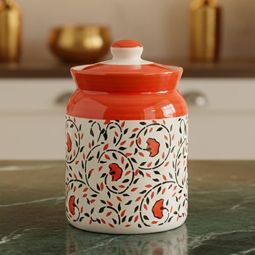 Image of D'Maiolica Ceramic Pickle Kitchen Jars in 1000ml | HandCrafted 1 kg Achaar Martban Barni | Ceramic Storage Containers | Jars for Achar, Spices, Salt (set of 2) (Red Floral Bale)