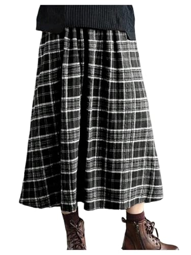 SHENHE Women's Plaid A Line Skirt Elastic High Waist Flowy Vintage Long Skirt with Pockets Black XX-Large