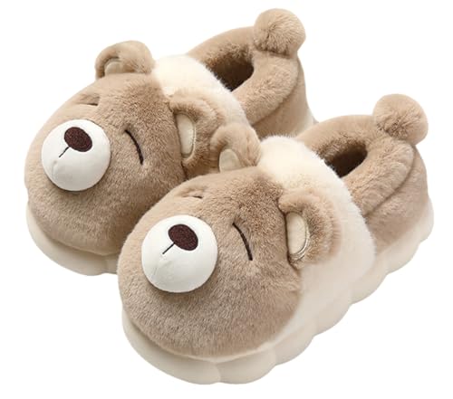 Epsion Cute Bear Cotton Slippers for Women Men Winter Fluffy Warm Soft House Shoes Non-slip