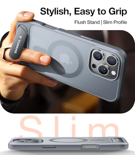 Image of TORRAS Strong Magnetic & Seamless Stand Case for iPhone 16 Pro Max, Fit for MagSafe, Military Grade Drop Protection, Adjustable Kickstand, Slim Frosted Matte Grey