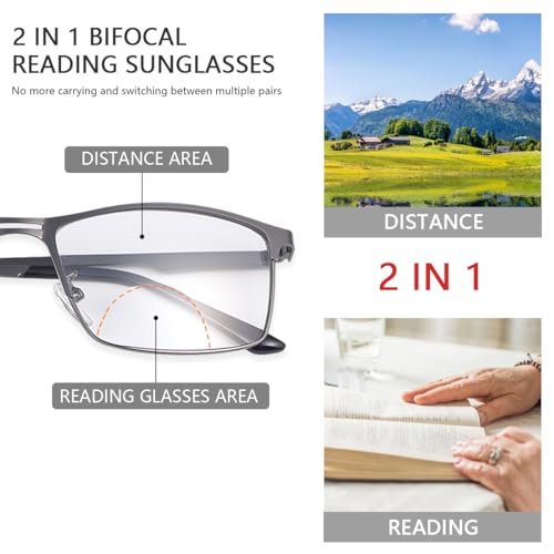 Miryea Photochromic Bifocal Reading Glasses Men Women Transition Sunglasses Uv Protection Sun Readers Far And Near Dual-Use Lens Blue Light Blocking Eyeglasses Full Rim Metal Frame Presbyopia Eyewear thumb #4