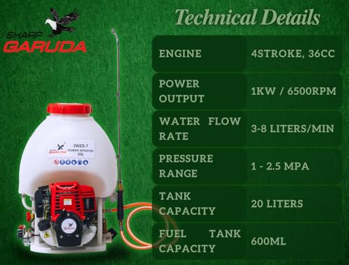Image of Power Sprayer - 36CC 4Stroke Petrol Engine Spray Pump for Agriculture, Farming, Fertilizer, Pesticide & Chemical Knapsack Portable Spraying Machine 20 Litre Tank Capacity with Gun