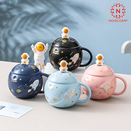 Image of NOSCOMP Astronaut Coffee Mug with Lid & Spoon| Embossed Planet Mug | Space Mug, Ceramic, 3D Creative Astronaut Universe Planet | Leak Proof | Portable (Astronaut - Dark Blue, Capacity - 400 ML)