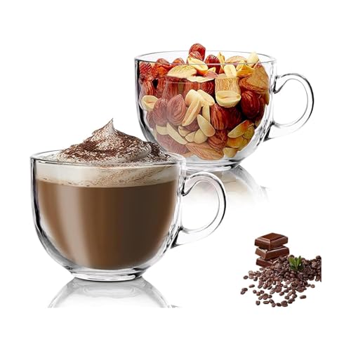 Image of OM RADHEY Glass Cup Set | 450 ml Tempered Glass Cups with Handle | Transparent Tea, Coffee, Milk Mugs | (Set of 4) Green Tea Mug, cappuccinos /Espresso Cup, Soup Bowl Jumbo /Big Milk Glass Cup