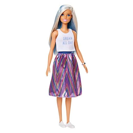 ​Barbie Fashionistas Doll with Long Blue and Platinum Blonde Hair Wearing Dream All Day Tank, Striped Skirt and Accessories, for 3 to 8 Year Olds