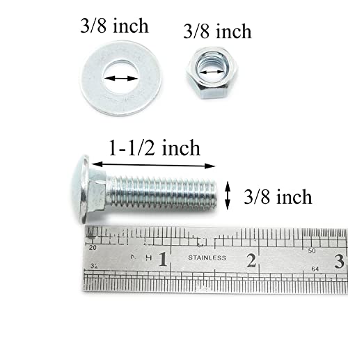 Image of 10pcs 3 /8-16 x 1-1 /2 inch Carriage Bolt with 3 /8-16 Hex Nuts and Flat Washers SAE, Round Head Square Neck Bolts