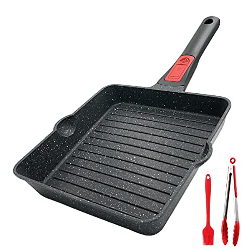 Produktfoto von Bobikuke Grillpfanne 20x 20 cm, Steakpfanne Antihaft Beschichtet Aluminium Grill Pfanne mit zwei Ausgießern,&hellip;