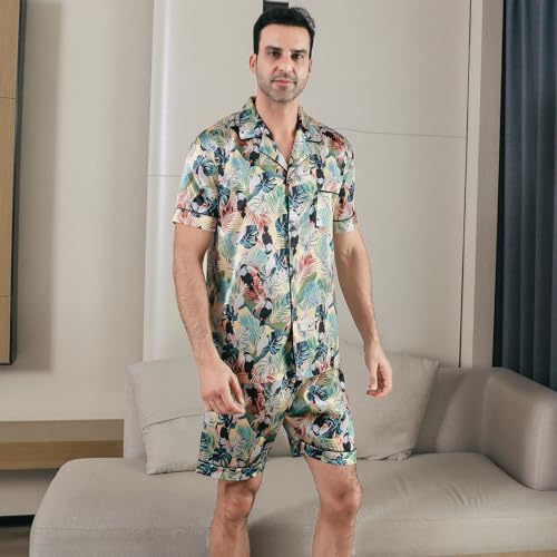 Men's Satin Pajama Set Short Sleeve Silky Pajamas Pants 3PCS Button Down Sleepwear Multicolor Silky Men's Pajama Set4