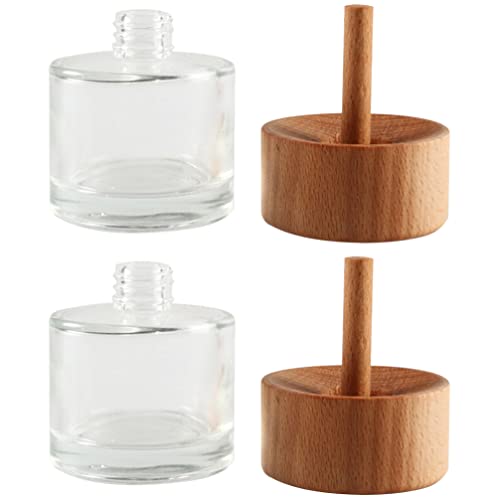 KALLORY 2pcs Glass Reed Diffuser Bottle Glass Clear Bottle Empty Refillable Fragrance Diffuser Jars Essential Oils Containers with Wood Cap for DIY Replacement Reed Diffuser Gift Sets