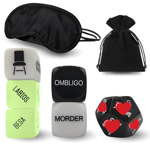 AphrodisiX - 6 dados para casais + face bolsa de veludo - dados para adultos em espanhol - presente original para o dia dos namorados