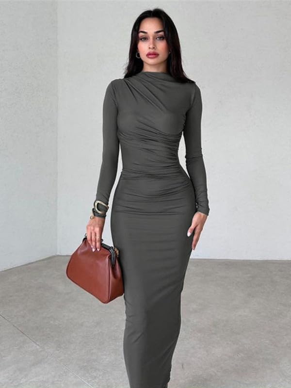 Haibang Robe Longue Moulante Sexy à Col Rond pour Femme Bodycon Maxi Slim Fit Élégante pour Soirée Cocktail Party Fête Club Disco Nuit Bal Casual