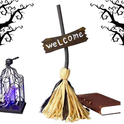 Vassouras de bruxa, vassoura flutuante Halloween - decoração com luz e movimento com sons assustadores para interior exterior Halloween