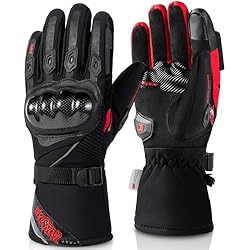 BORLENI Guantes Moto Invierno Hombre Impermeable de la Fibra de Carbono,Guantes de Motocicleta cálido con Pantalla Táctil Rojo L