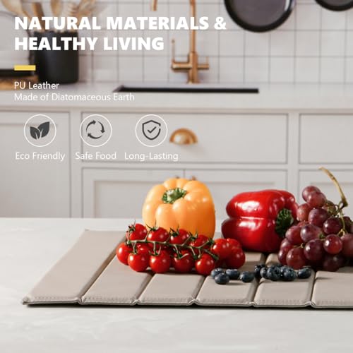 Large Stone Dish Drying Mats for Kitchen Counter, 26"×16"Foldable Quick Dry Stone Mat with PU Leather, Absorbent Diatomaceous Earth Dish Drying Mat for Bottles Cups Bathroom Any Countertop