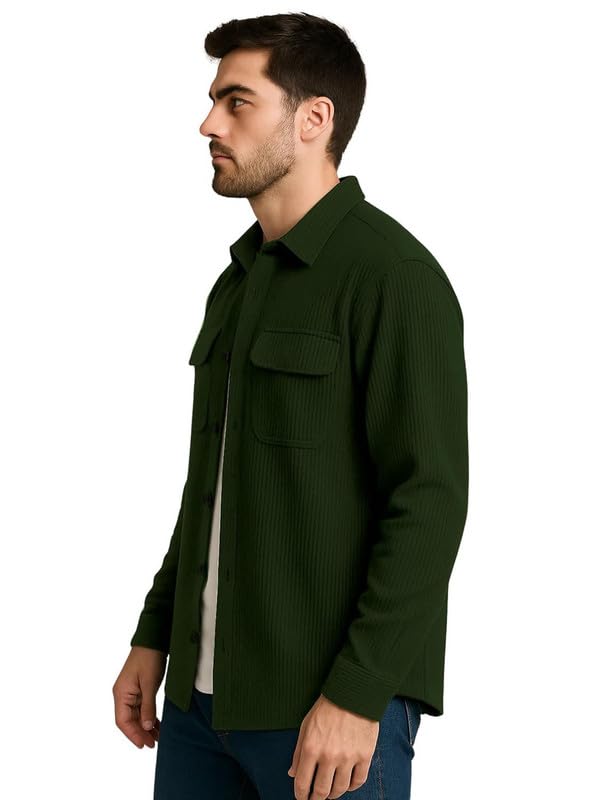 Image of DEELMO Men's Full Sleeve Corduroy Shirt | Stylish Textured Casual Button-Down Shacket for Autumn Winter | Dual Pocket Front Design | Ideal for Layering and Daily Outfits