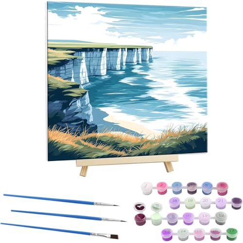 Peinture par Numero Adultes La Falaise blanche, - Avec Cadre - DIY Peinture Acrylique pour Adultes Enfants Débutants Facile sur Toile Avec Peintures et Pinceaux Decoration Maison Cadeau 70x70cm A-19