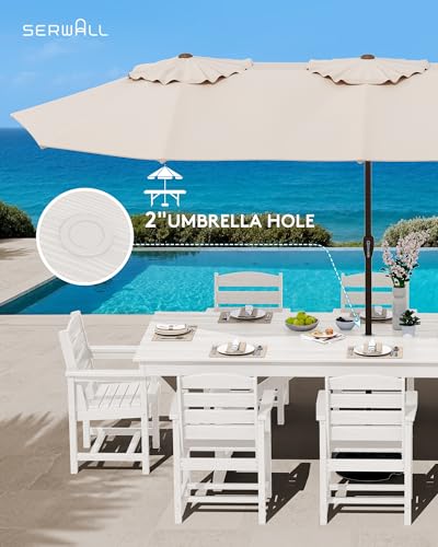 Image of SERWALL 9 Piece 84 inch HDPE Outdoor Dining Set for 8 with Armchairs and Umbrella Hole, White