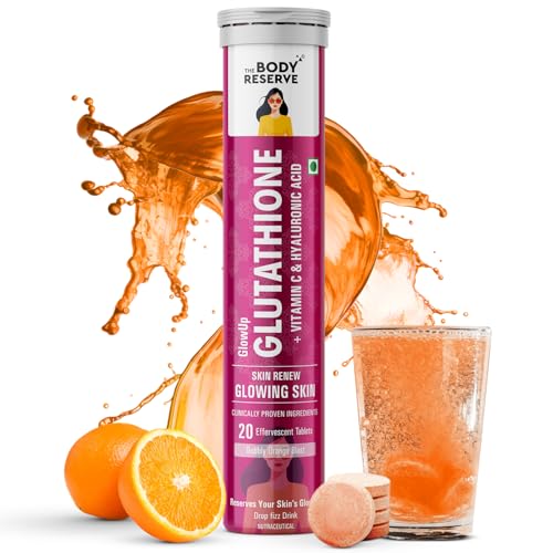 The Body Reserve Glutathione Tablets for Skin Whitening & Skin Glow, 500mg L-Glutathione with Vitamin C & Hyaluronic Acid, Antioxidant Glutathione Supplements, Orange Flavour, 20 Tablets