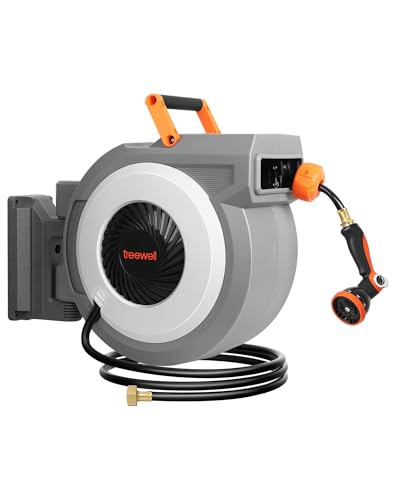 TREEWELL Retractable Garden Hose Reel, 1/2 in x 100ft Wall Mounted Heavy Duty Water Hose Reel, Automatic Self-Rewind/Any Length Lock Outdoor Hose Reel with 10 Patterns Nozzle, 180Â° Swivel Bracket