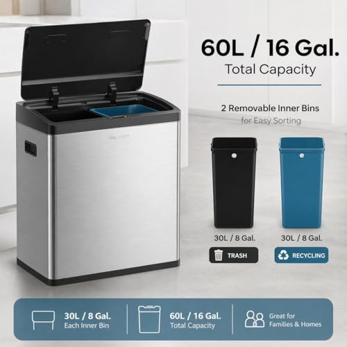 Image of Step N' Sort Motion Sensor Trash Can (60L) - Touchless Stainless Steel Kitchen Garbage & Recycling Bin with Dual Compartments, Soft-Close Lid & Fingerprint-Proof Finish