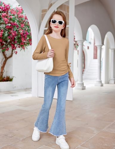 Image of Arshiner Girls Long Sleeve Shirts Ruched Knot Side Tunic Blouse Tee Tops