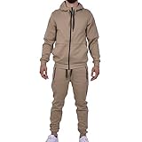 RIFLESSI Men's Athletic Sports Casual 2 Piece Solid Color Tracksuit Hoodie Jogger Pants Sweatsuit Set (Khaki, S)
