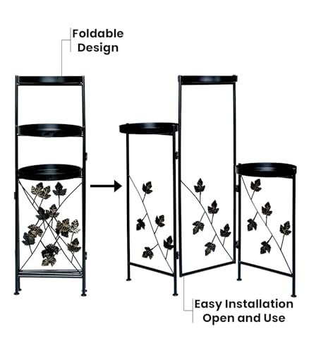 Image of Set of 2 Black (3-Tier) Metal Planter Stands for Living Room with Foldable Design | Pot Stand for Indoor Plants (Size- 30 & 36 Inch) - [Plants are not Included]