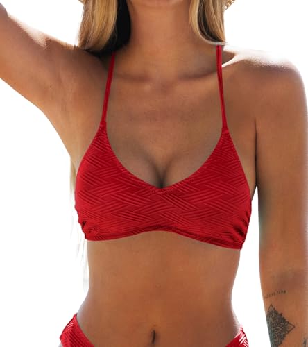 Image of CUPSHE Womens V Neck Textured Bikini Top Crssback Swimsuit | Self Tie,Soft Removable Cups,Spaghetti Straps,Flattering Bathing Suit For Vacation And Beach